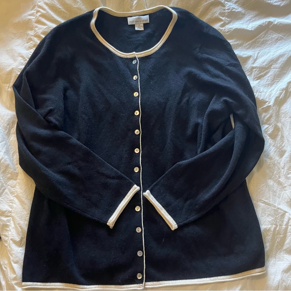 100% Cashmere Classic Black Cardigan with Cream Trim - Like New
